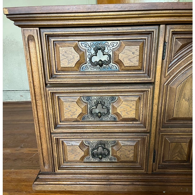 Brown Vintage 1970s Bassett Spanish Revival Mediterranean 9-Drawer Triple Dresser For Sale - Image 8 of 9