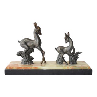 Art Deco Twin Deer Zamac Figurine on Marble Base, Europe, 1940s For Sale