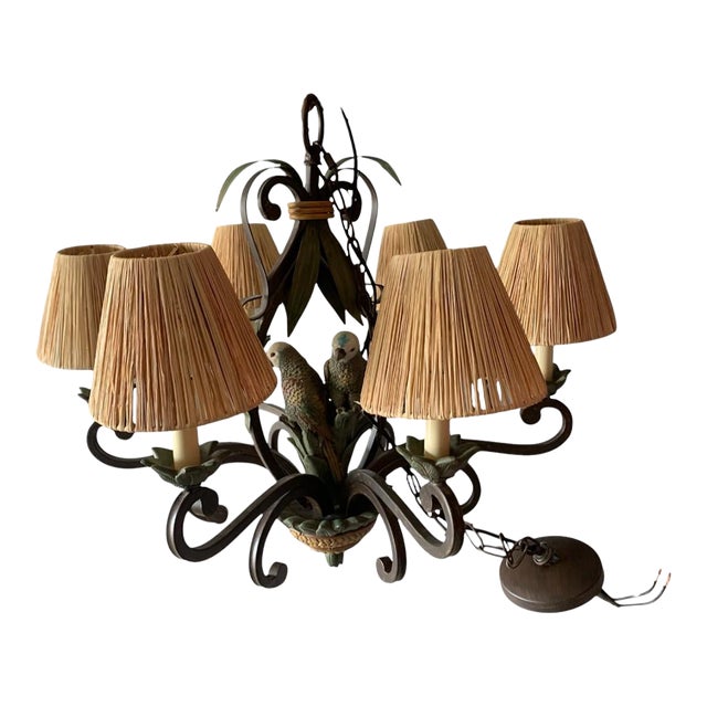 Mid 20th Century Wrought Iron Parrot Chandelier With 6 Lights, Shades For Sale