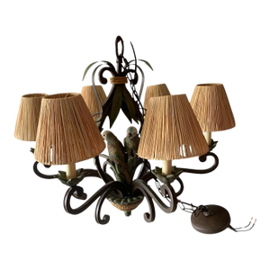 Mid 20th Century Wrought Iron Parrot Chandelier With 6 Lights, Shades