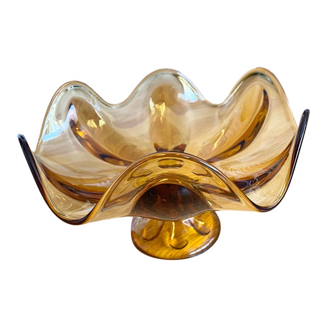 1960s Viking Art Glass Epic Amber Six Petal Footed Wavy Pedestal Compote Bowl For Sale