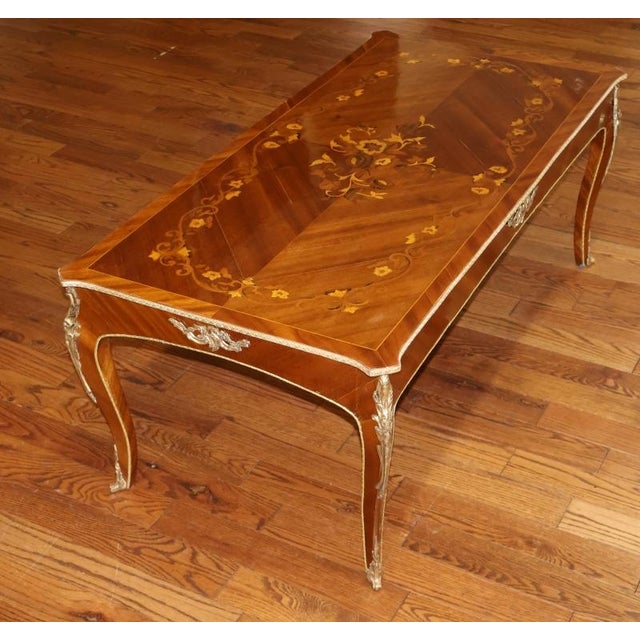 1990s Louis XV French Style Walnut Inlaid Ormolu Mounted Cocktail Coffee Table For Sale - Image 4 of 11
