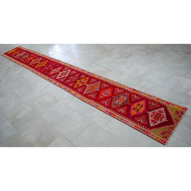 Red Extremely Long Hand-Knotted Kurdish Runner Rug Turkish Runner. Tribal Hallway Decor - 2′3″ × 18′4″ For Sale - Image 8 of 18