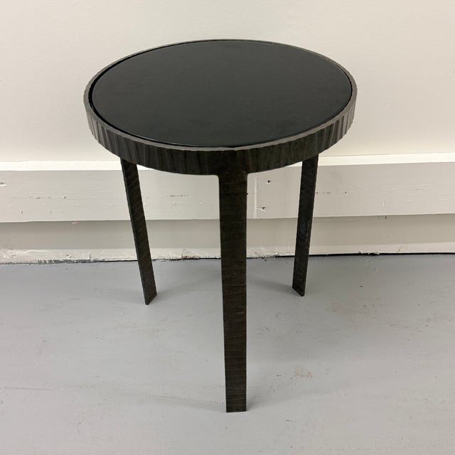 Ward Bennett Black Glass Side Table A modern architecturally strong table with a textured silvered bronze frame and inset...