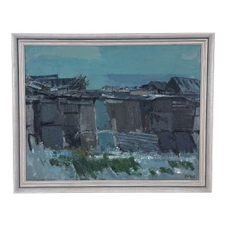 1977 Mid Century Danish Abstract Oil Painting "Plankeverk I Sydhavnen" by Max Mogens Hansen For Sale