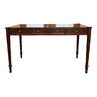 1980s Maitland-Smith Carved Mahogany Leather Top Writing Desk For Sale
