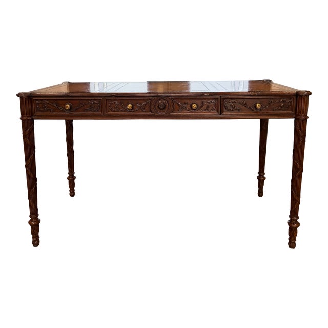 1980s Maitland-Smith Carved Mahogany Leather Top Writing Desk For Sale