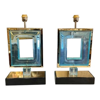 Pair of Blue Square Murano Glass Lamps For Sale