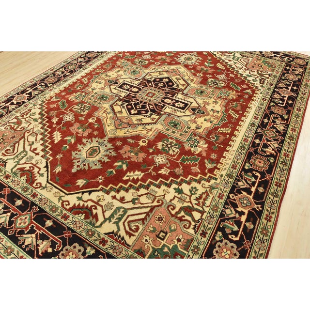 Farmhouse Heriz Rug 9′ X 11’10” Red Wool Tribal Hand-Knotted Oriental Carpet For Sale - Image 3 of 15