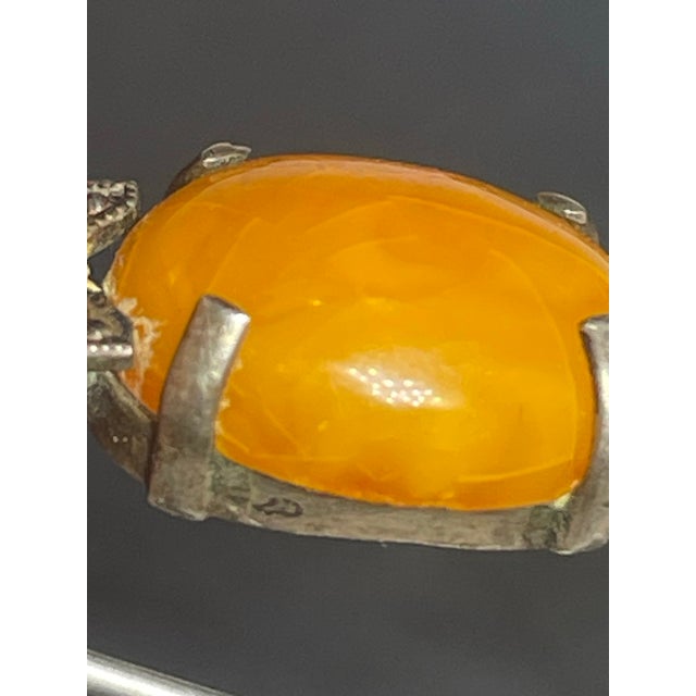 Art Deco 1920s Baltic Amber Butterscotch Egg Yolk Cabochon Brooch, Antique Art Deco With Marcasite For Sale - Image 3 of 6