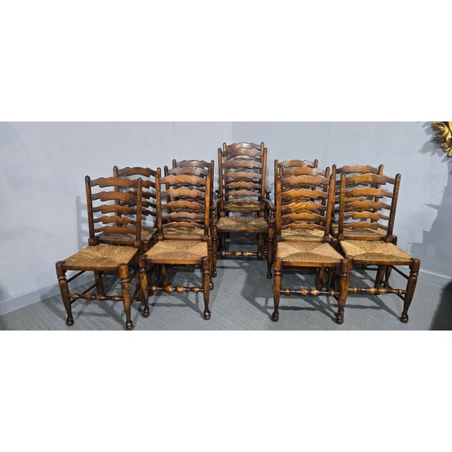Vintage Lancashire Oak Dining Chairs with Ladder Back, 1920, Set of 12 For Sale - Image 3 of 16