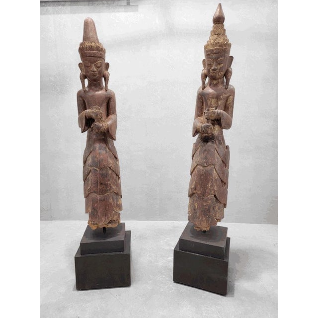 Antique Carved Burmese Monastic Attendant on Pedestal Base - Set of 2 For Sale In Chicago - Image 6 of 11