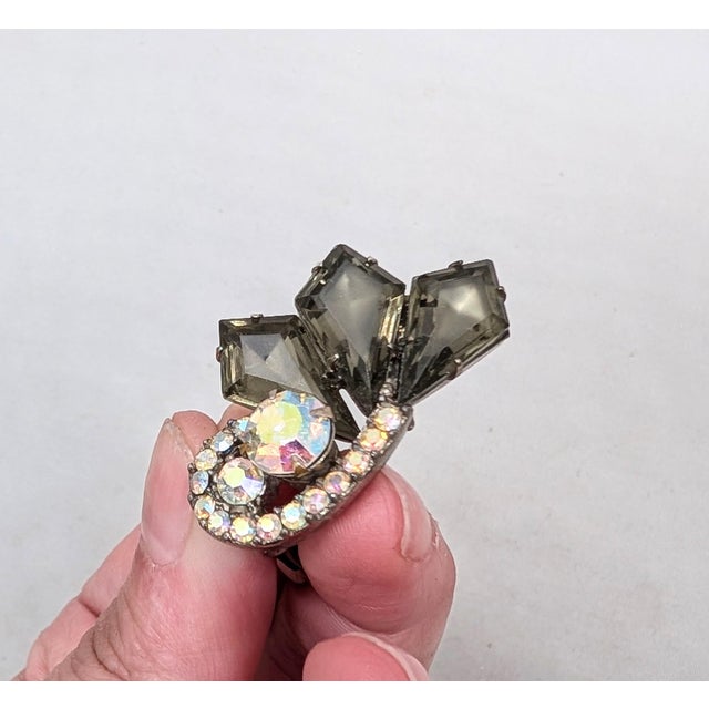 Metal Vintage 1960s Delizza & Elster Faux-Black Diamond & Aurora Borealis Clip Earrings-2 Pieces For Sale - Image 7 of 8