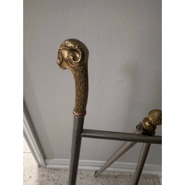 Hollywood Regency Vintage Italian Satin Steel & Brass Ram’s Head Folding Magazine Rack, Maison Jansen Style, Italy For Sale - Image 3 of 8