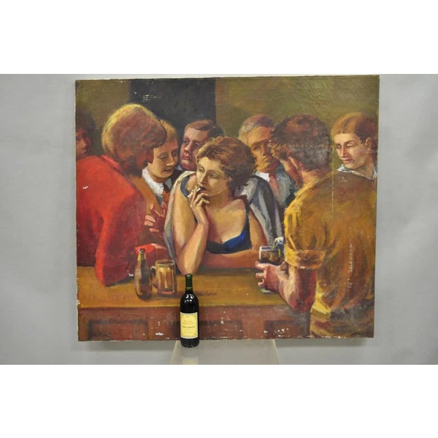 Vintage Patricia Stone (American) "The Bar" Large Oil on Canvas Art Deco Painting, Signed to Bottom Corner and Rear. Circa...