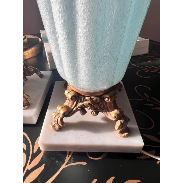 Murano Mid 20th Century Pale blue Murano glass table lamps with gold metal and marble bases - a Pair For Sale - Image 4 of 13