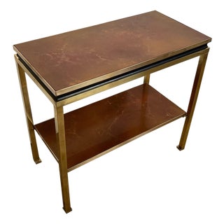 1970s Black lacquered metal and brass side table with amber celluloid shelves For Sale