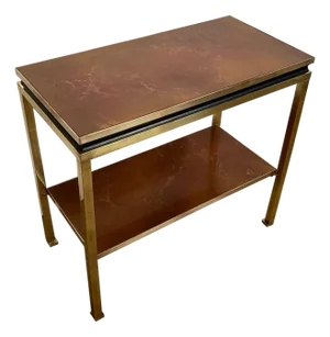 1970s Black lacquered metal and brass side table with amber celluloid shelves