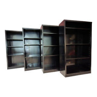 Vintage MCM Industrial Black Steel Tanker Bookcases Book Shelves W/ Adjustable Shelves, Set of 4 For Sale