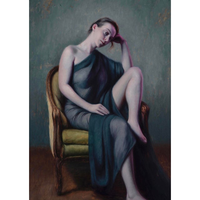 Tranquil Contemplation by Derek Harrison | Oil on Linen Portrait of a seated woman in a draped shawl. For Sale