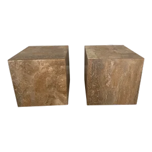 1980s Vintage Set of Italian Travertine Stone Cube Tables - Set of 2