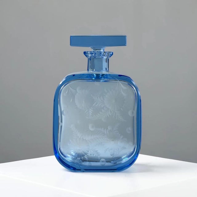 Art Deco Czech Blue Glass Decanter with Hand-Engraved Floral Decoration, 1930s For Sale - Image 12 of 12