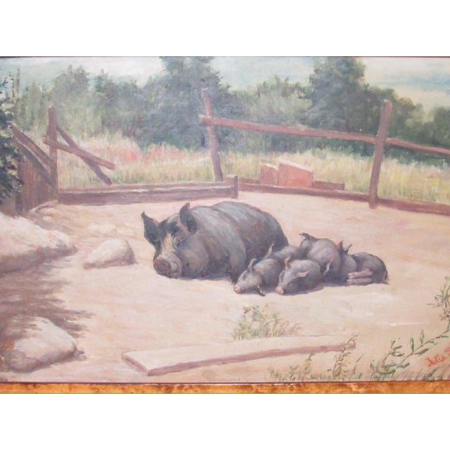 Antique American oil on board painting of resting pigs, c.1900 A fun painting of a sow with her sleeping piglets in a farm...