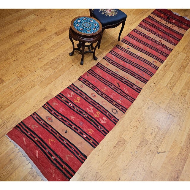 Red Vintage Turkish Kilim Runner, Handwoven Wool, Stripe Pattern, Brick Red, 3x13 For Sale - Image 8 of 9