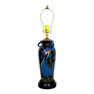 Vintage Blue Ceramic Table Lamp With Bird For Sale