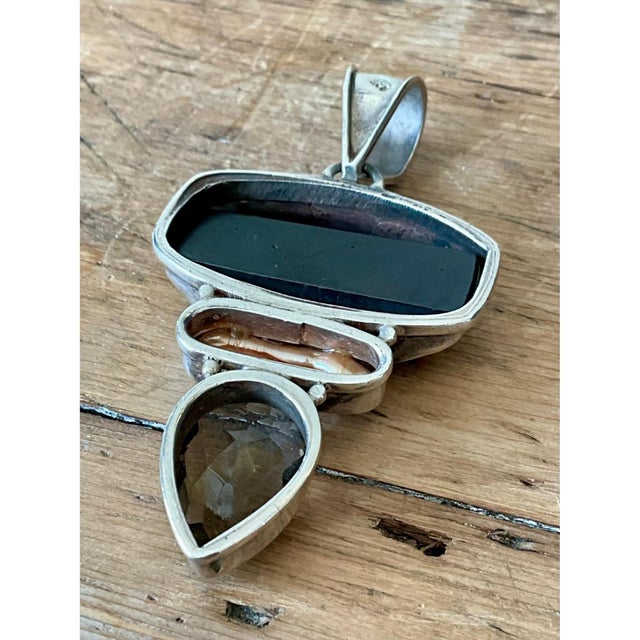 Silver Vintage Boho Smokey Quartz & Mother of Pearl Pendant For Sale - Image 8 of 12