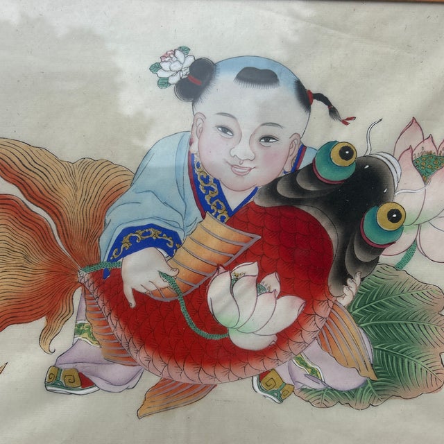 Chinoiserie 1950s Original (Not a Print) Mid-Century Hand-Painted Chinese Nianhua Folk Art Painting in Custom Gilt Faux-Bamboo Frame For Sale - Image 3 of 6