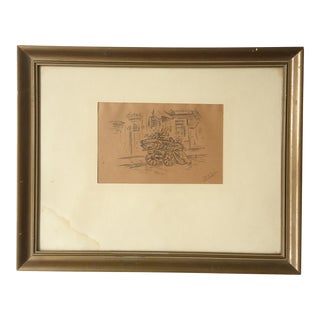Mid 20th Century Wheelbarrow With Flowers Framed Impressionist Graphite Drawing Signed by Artist For Sale