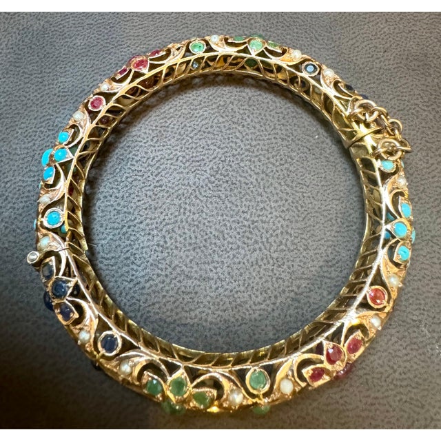 Turquoise Natural Turquoise Emerald Ruby Sapphire pearl Bangle in 14 Kt Yellow Gold 41 Gm For Sale - Image 8 of 18
