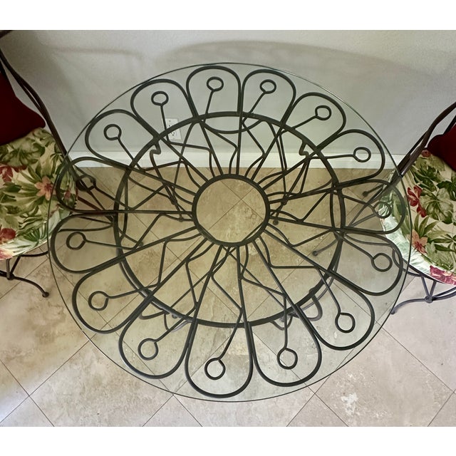 Vintage Wrought Iron Dorothy Draper Style Bistro Table & 2 Peacock Chairs For Sale - Image 9 of 11