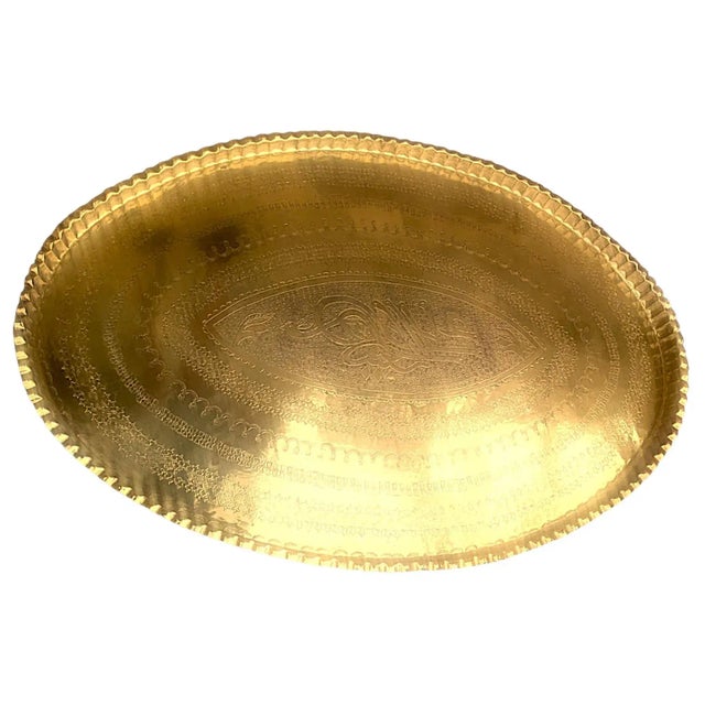Metal 1940s Large Oval Islamic Art Handcrafted Etched Polished Brass Tray For Sale - Image 7 of 13