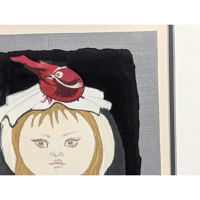 1950s 1959 Jun'ichiro Sekino Pencil-Signed Japanese Woodblock Print, "Young Girl With Two Cardinals" - Framed For Sale - Image 5 of 10