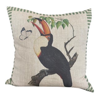 Vintage British Colonial Style Linen Toucan Accent Pillow For Sale