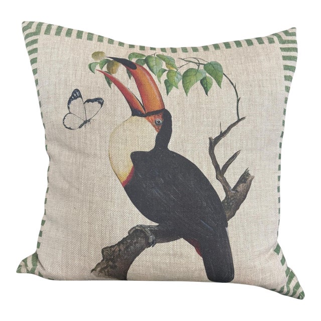 Vintage British Colonial Style Linen Toucan Accent Pillow For Sale