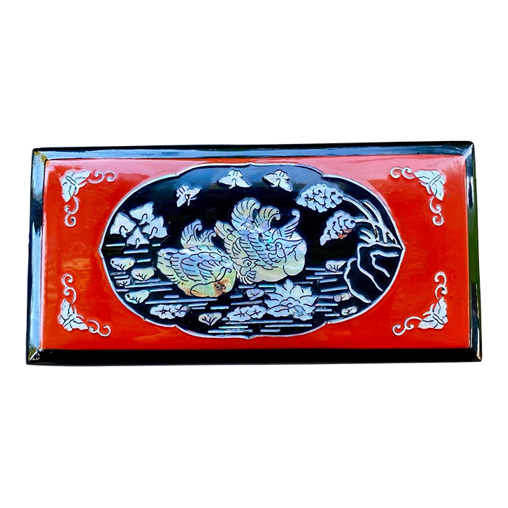 black and red cigarette box Mid 20th Century Japanese Red & Black Lacquer Cigarette Box With  Mother-of-Pearl Inlay & Brass Ash Receiver