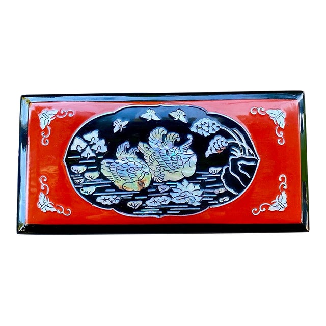 Mid 20th Century Japanese Red & Black Lacquer Cigarette Box With Mother-of-Pearl Inlay & Brass Ash Receiver For Sale
