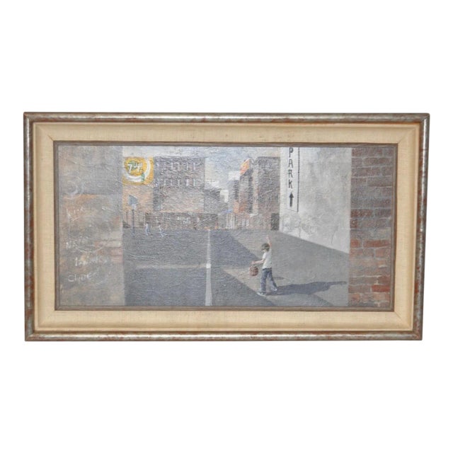 Urban Landscape / Inner City Basketball Court Oil Painting C.1970s For Sale - Image 9 of 9