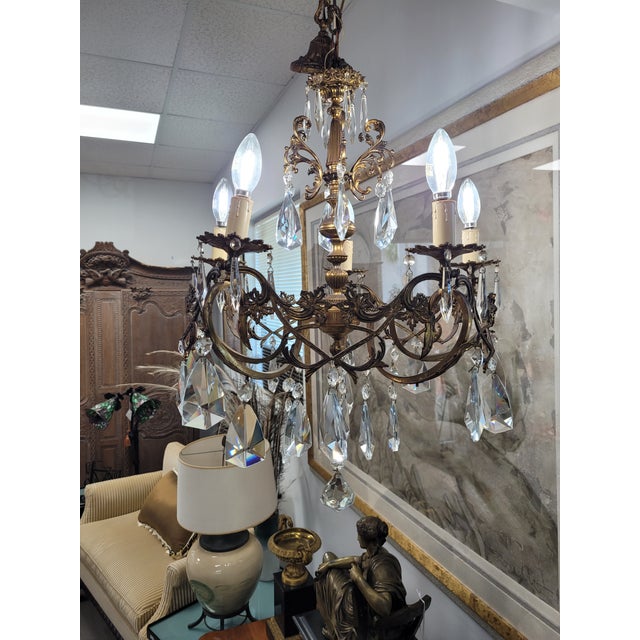 Early 20th Century French Rococo Style 5-Light Cast Bronze & Pendeloque Crystal Cage Chandelier For Sale - Image 14 of 14