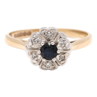 1940s 0.23ctw Sapphire & Diamond Flower Ring, 9k Yellow & White Gold, Ring Size 6 For Sale