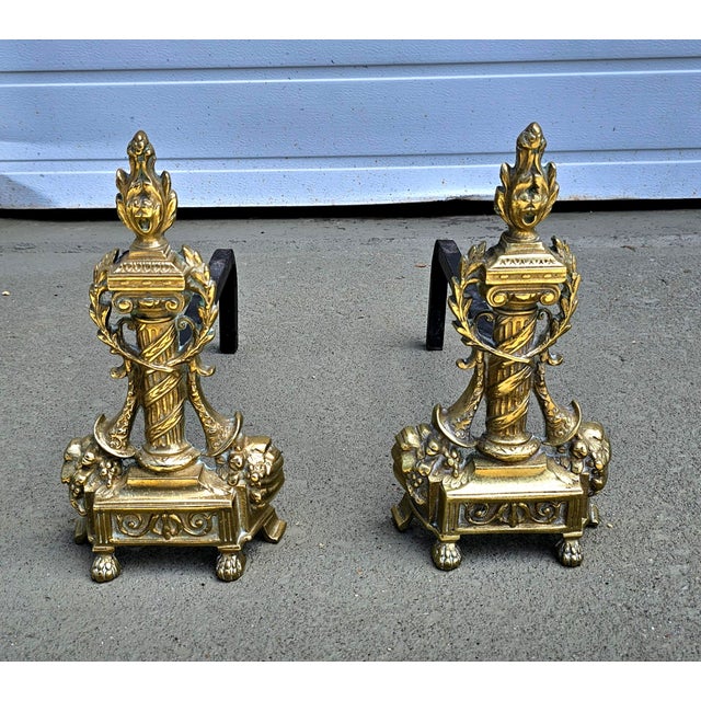 Pair Antique French Neoclassical Cast Brass Andirons For Sale In Washington DC - Image 6 of 12