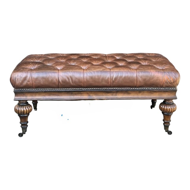 Wood Vintage Tufted Brown Leather Ottoman Bench With Nailhead Trim & Carved Wood Legs on Casters For Sale - Image 7 of 15