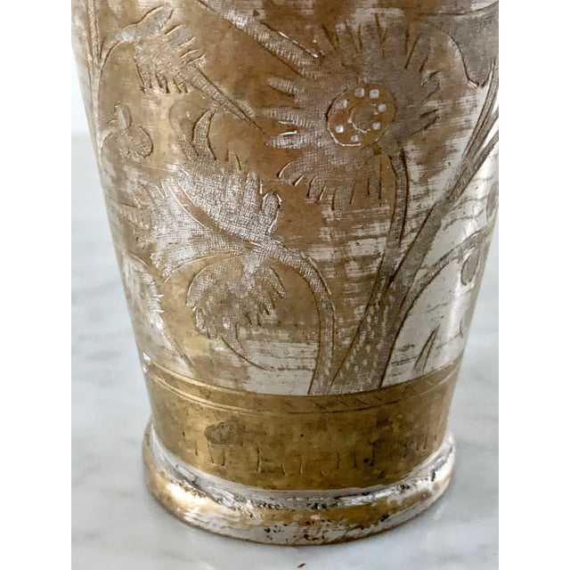 Antique Indian Etched Brass Metal Lassi Cups or Vases, Pair For Sale - Image 9 of 13