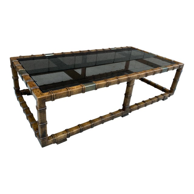 Mid 20th Century Drexel Faux Bamboo Brass & Smoked Glass In-Set Coffee Table For Sale