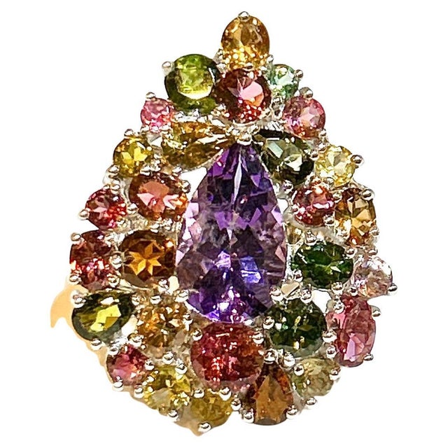 Amethyst Bochic "Orient" Vintage Amethyst & Multi Tourmaline Ring 18K Gold & Silver For Sale - Image 8 of 18