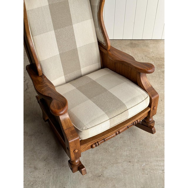 Studio Craft Oak Wingback Rocking Chair With Carved Rail, C. 1970s For Sale - Image 4 of 18