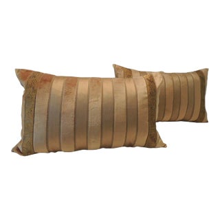 Yellow and Gold Stripes Silk Velvet Lumbar Decorative Pillows - Set of 2 For Sale